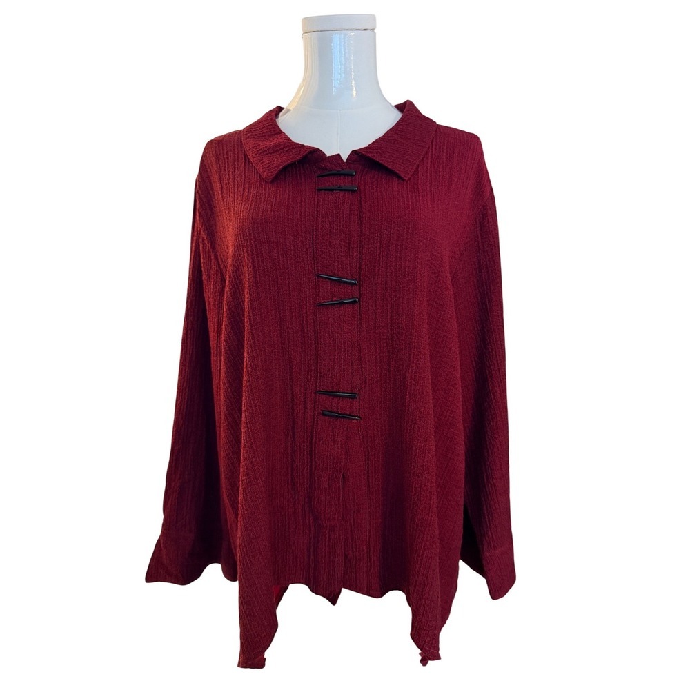 Habitat Lagenlook Artsy Boho Toggle Button Red Crinkle Top XL - Picture 1 of 10